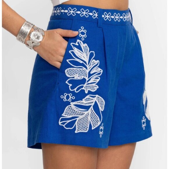 Johnny Was Jenah Linen Blend Shorts With Embroidery Blue- SZ L- NWT - Picture 1 of 8